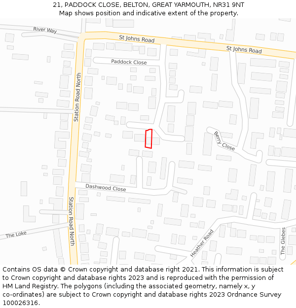 21, PADDOCK CLOSE, BELTON, GREAT YARMOUTH, NR31 9NT: Location map and indicative extent of plot
