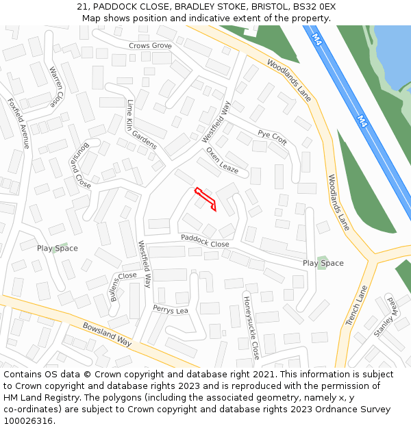 21, PADDOCK CLOSE, BRADLEY STOKE, BRISTOL, BS32 0EX: Location map and indicative extent of plot