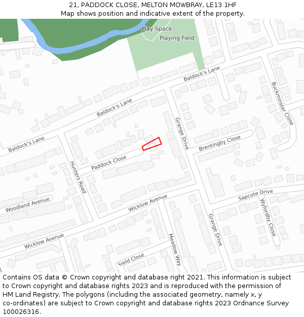 21, PADDOCK CLOSE, MELTON MOWBRAY, LE13 1HF: Location map and indicative extent of plot