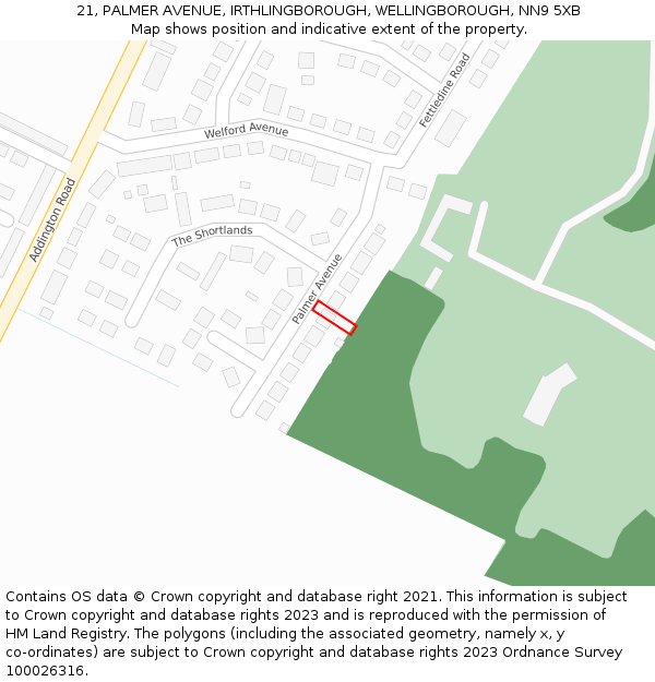 21, PALMER AVENUE, IRTHLINGBOROUGH, WELLINGBOROUGH, NN9 5XB: Location map and indicative extent of plot