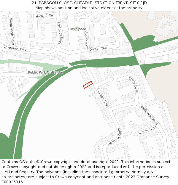 21, PARAGON CLOSE, CHEADLE, STOKE-ON-TRENT, ST10 1JD: Location map and indicative extent of plot