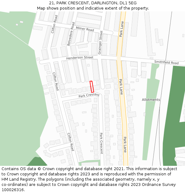 21, PARK CRESCENT, DARLINGTON, DL1 5EG: Location map and indicative extent of plot