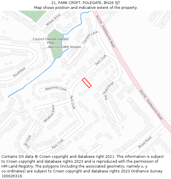 21, PARK CROFT, POLEGATE, BN26 5JT: Location map and indicative extent of plot