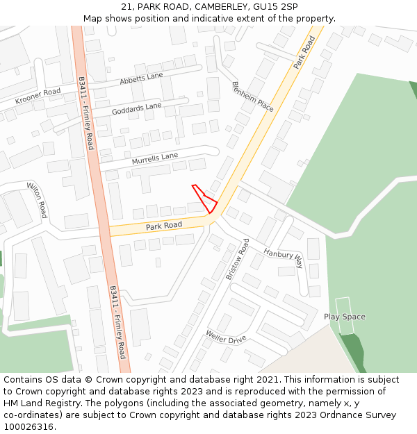 21, PARK ROAD, CAMBERLEY, GU15 2SP: Location map and indicative extent of plot