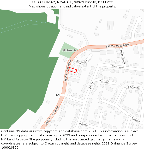 21, PARK ROAD, NEWHALL, SWADLINCOTE, DE11 0TT: Location map and indicative extent of plot