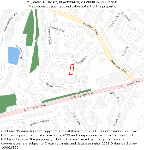 21, PARKHILL ROAD, BLACKWATER, CAMBERLEY, GU17 0NB: Location map and indicative extent of plot