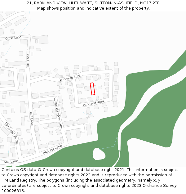 21, PARKLAND VIEW, HUTHWAITE, SUTTON-IN-ASHFIELD, NG17 2TR: Location map and indicative extent of plot