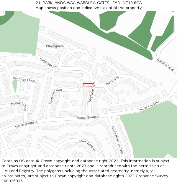 21, PARKLANDS WAY, WARDLEY, GATESHEAD, NE10 8GA: Location map and indicative extent of plot