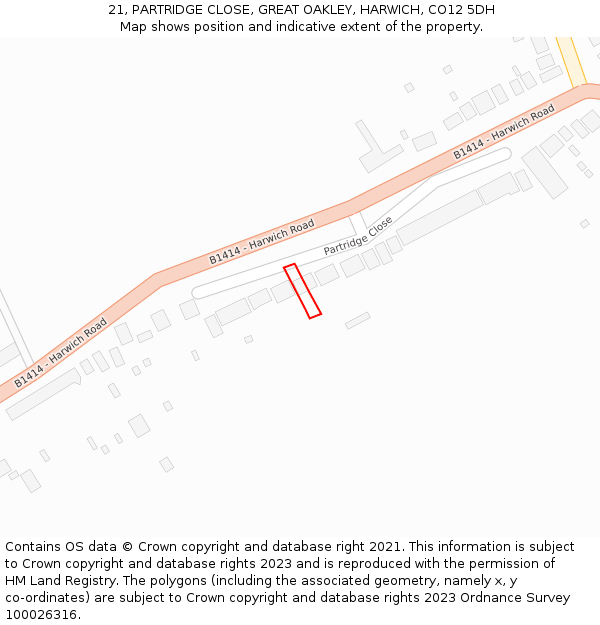 21, PARTRIDGE CLOSE, GREAT OAKLEY, HARWICH, CO12 5DH: Location map and indicative extent of plot