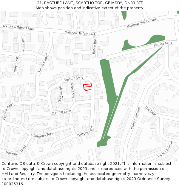 21, PASTURE LANE, SCARTHO TOP, GRIMSBY, DN33 3TF: Location map and indicative extent of plot