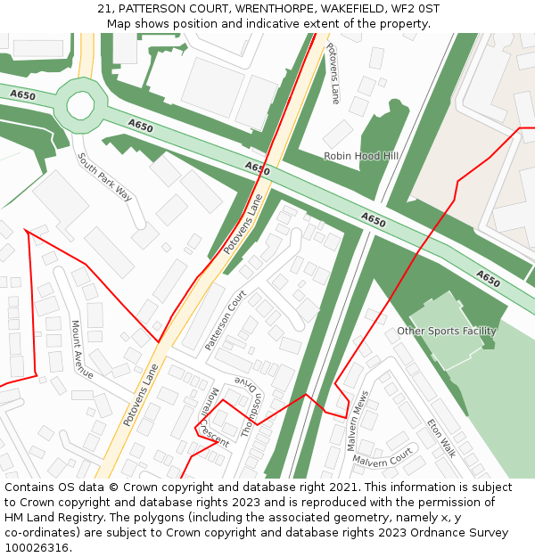 21, PATTERSON COURT, WRENTHORPE, WAKEFIELD, WF2 0ST: Location map and indicative extent of plot