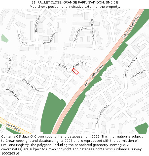 21, PAULET CLOSE, GRANGE PARK, SWINDON, SN5 6JE: Location map and indicative extent of plot