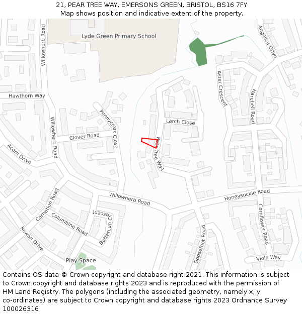 21, PEAR TREE WAY, EMERSONS GREEN, BRISTOL, BS16 7FY: Location map and indicative extent of plot