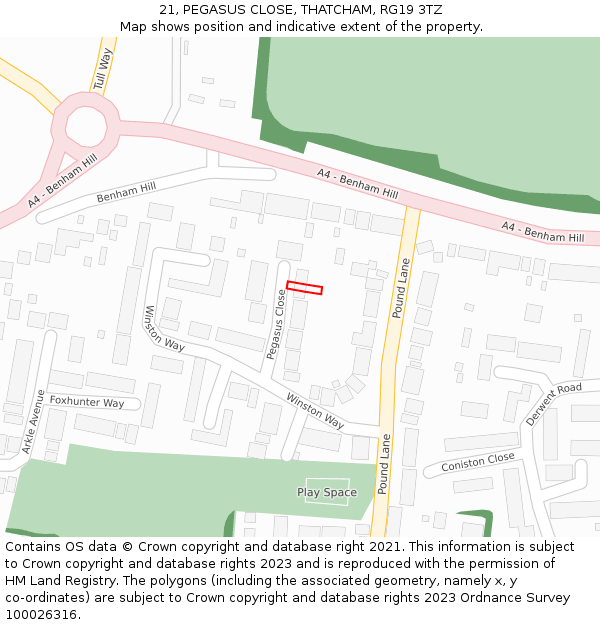 21, PEGASUS CLOSE, THATCHAM, RG19 3TZ: Location map and indicative extent of plot