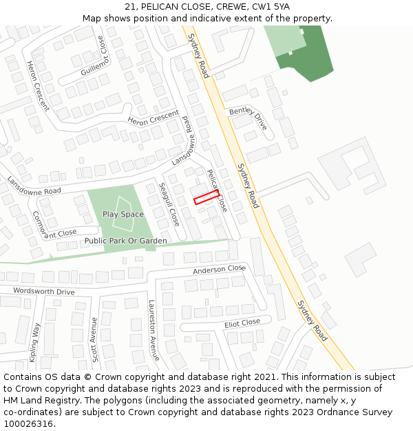 21, PELICAN CLOSE, CREWE, CW1 5YA: Location map and indicative extent of plot