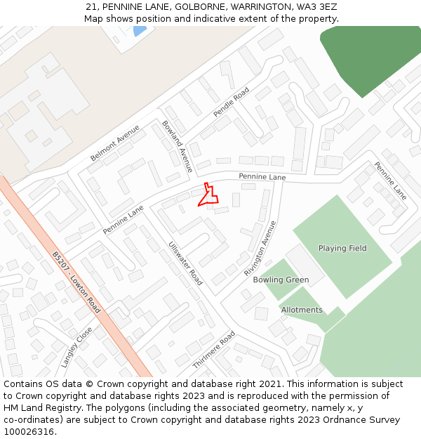 21, PENNINE LANE, GOLBORNE, WARRINGTON, WA3 3EZ: Location map and indicative extent of plot