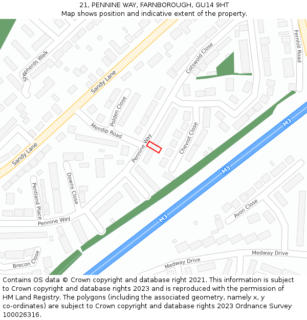 21, PENNINE WAY, FARNBOROUGH, GU14 9HT: Location map and indicative extent of plot