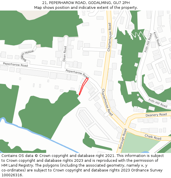 21, PEPERHAROW ROAD, GODALMING, GU7 2PH: Location map and indicative extent of plot