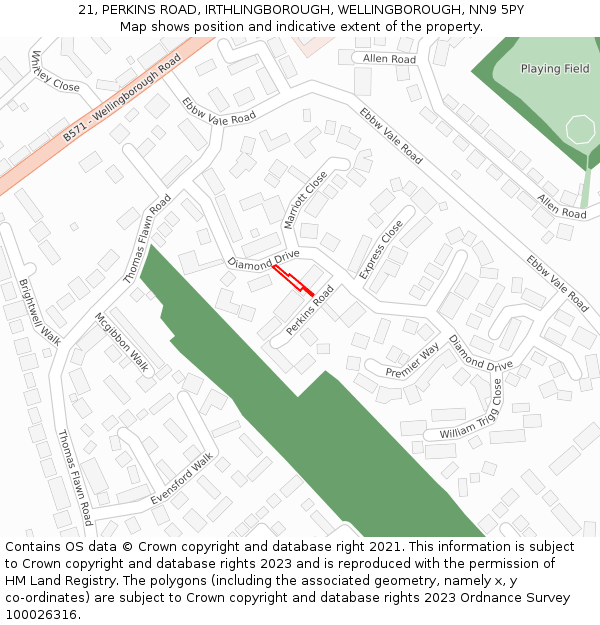 21, PERKINS ROAD, IRTHLINGBOROUGH, WELLINGBOROUGH, NN9 5PY: Location map and indicative extent of plot