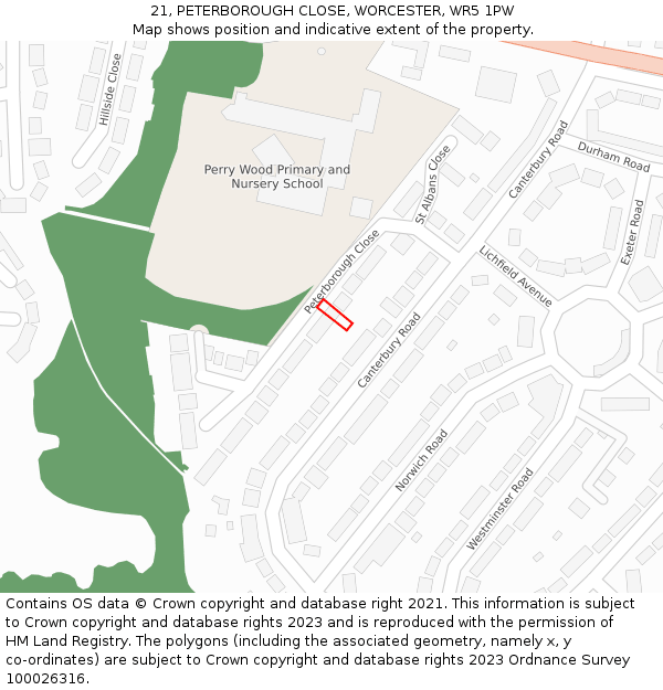 21, PETERBOROUGH CLOSE, WORCESTER, WR5 1PW: Location map and indicative extent of plot