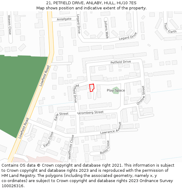 21, PETFIELD DRIVE, ANLABY, HULL, HU10 7ES: Location map and indicative extent of plot