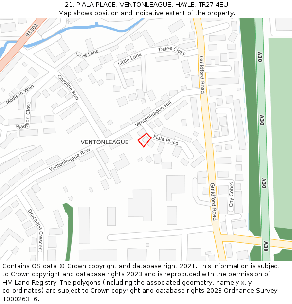 21, PIALA PLACE, VENTONLEAGUE, HAYLE, TR27 4EU: Location map and indicative extent of plot