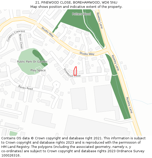 21, PINEWOOD CLOSE, BOREHAMWOOD, WD6 5NU: Location map and indicative extent of plot