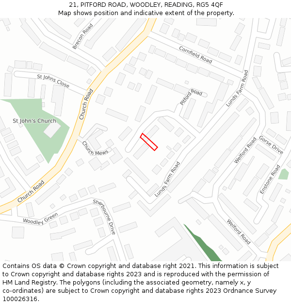 21, PITFORD ROAD, WOODLEY, READING, RG5 4QF: Location map and indicative extent of plot