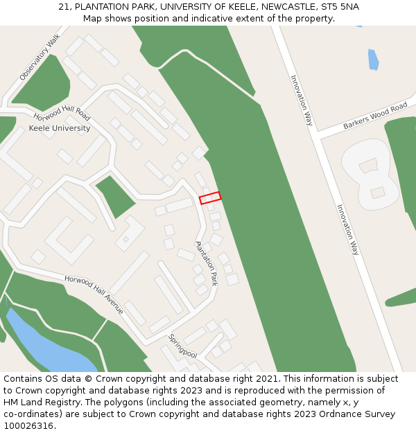 21, PLANTATION PARK, UNIVERSITY OF KEELE, NEWCASTLE, ST5 5NA: Location map and indicative extent of plot