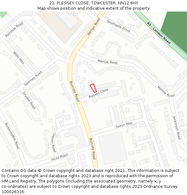 21, PLESSEY CLOSE, TOWCESTER, NN12 6HY: Location map and indicative extent of plot
