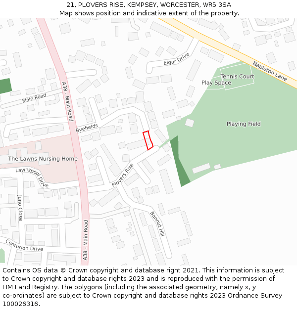 21, PLOVERS RISE, KEMPSEY, WORCESTER, WR5 3SA: Location map and indicative extent of plot