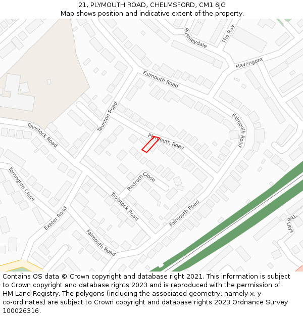 21, PLYMOUTH ROAD, CHELMSFORD, CM1 6JG: Location map and indicative extent of plot