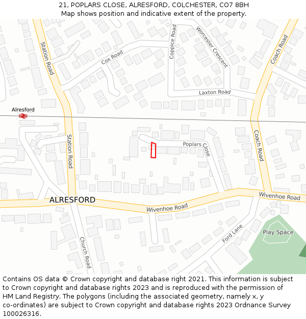 21, POPLARS CLOSE, ALRESFORD, COLCHESTER, CO7 8BH: Location map and indicative extent of plot