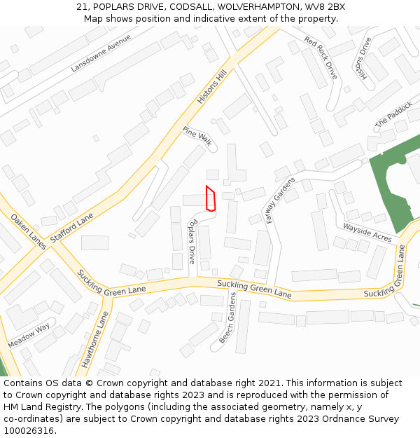 21, POPLARS DRIVE, CODSALL, WOLVERHAMPTON, WV8 2BX: Location map and indicative extent of plot