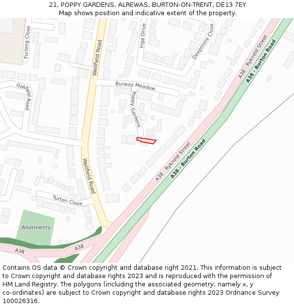 21, POPPY GARDENS, ALREWAS, BURTON-ON-TRENT, DE13 7EY: Location map and indicative extent of plot