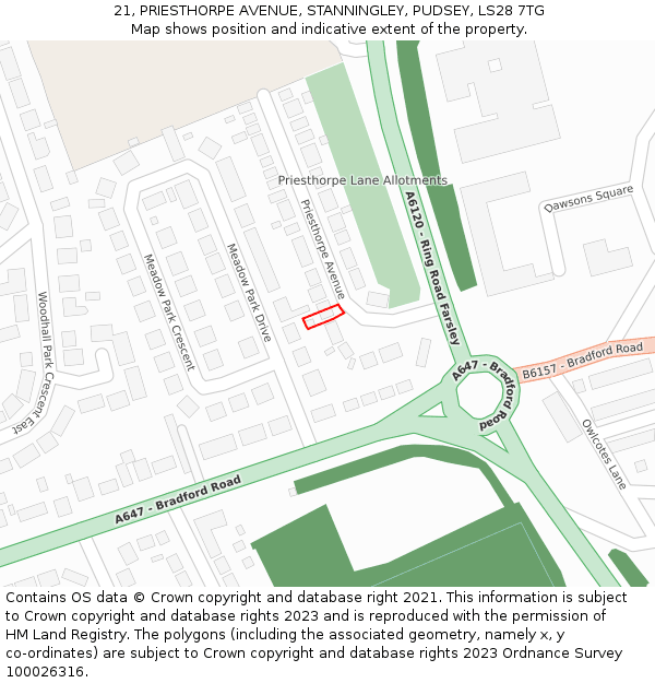 21, PRIESTHORPE AVENUE, STANNINGLEY, PUDSEY, LS28 7TG: Location map and indicative extent of plot