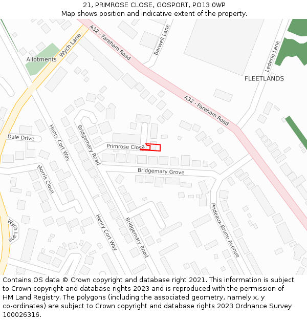 21, PRIMROSE CLOSE, GOSPORT, PO13 0WP: Location map and indicative extent of plot