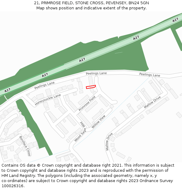 21, PRIMROSE FIELD, STONE CROSS, PEVENSEY, BN24 5GN: Location map and indicative extent of plot