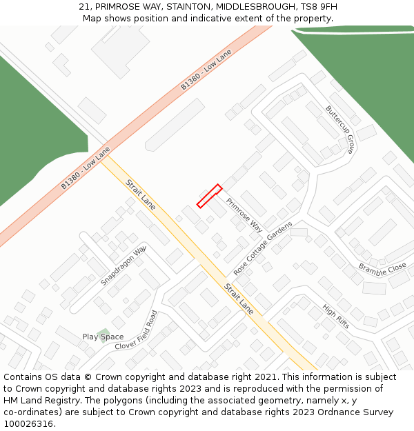 21, PRIMROSE WAY, STAINTON, MIDDLESBROUGH, TS8 9FH: Location map and indicative extent of plot