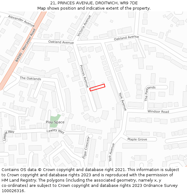 21, PRINCES AVENUE, DROITWICH, WR9 7DE: Location map and indicative extent of plot