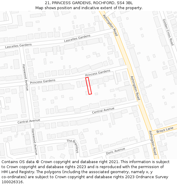 21, PRINCESS GARDENS, ROCHFORD, SS4 3BL: Location map and indicative extent of plot