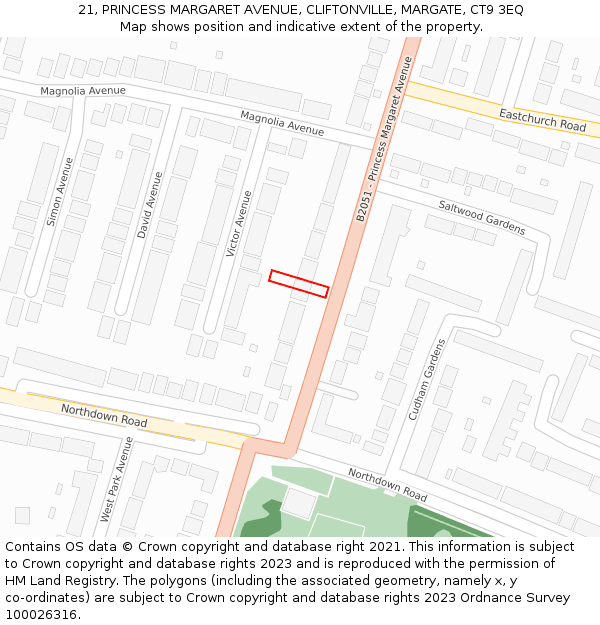 21, PRINCESS MARGARET AVENUE, CLIFTONVILLE, MARGATE, CT9 3EQ: Location map and indicative extent of plot