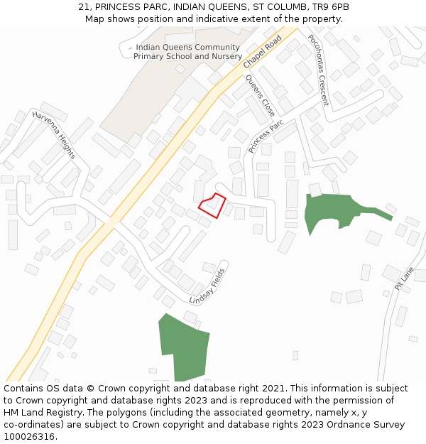 21, PRINCESS PARC, INDIAN QUEENS, ST COLUMB, TR9 6PB: Location map and indicative extent of plot