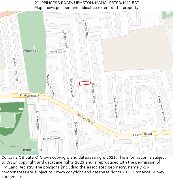 21, PRINCESS ROAD, URMSTON, MANCHESTER, M41 5ST: Location map and indicative extent of plot