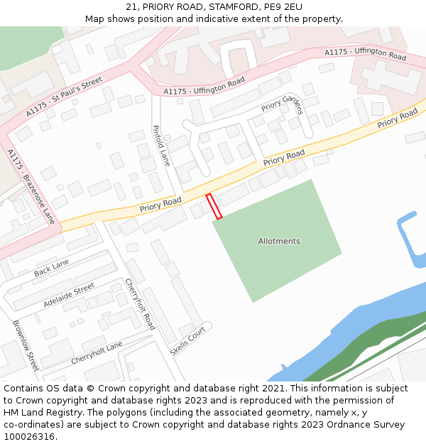 21, PRIORY ROAD, STAMFORD, PE9 2EU: Location map and indicative extent of plot