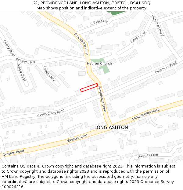21, PROVIDENCE LANE, LONG ASHTON, BRISTOL, BS41 9DQ: Location map and indicative extent of plot
