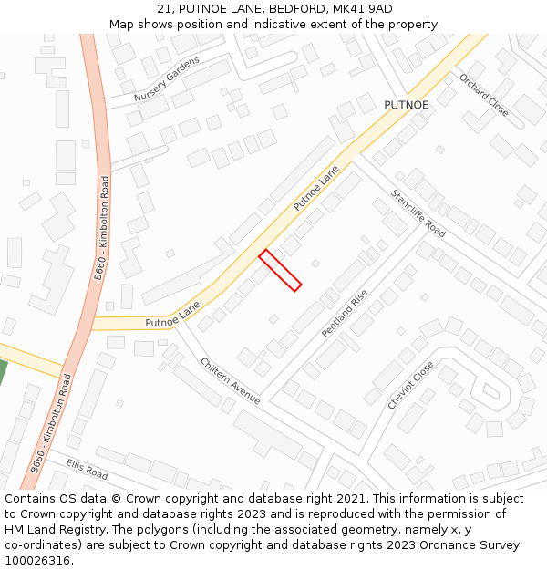 21, PUTNOE LANE, BEDFORD, MK41 9AD: Location map and indicative extent of plot