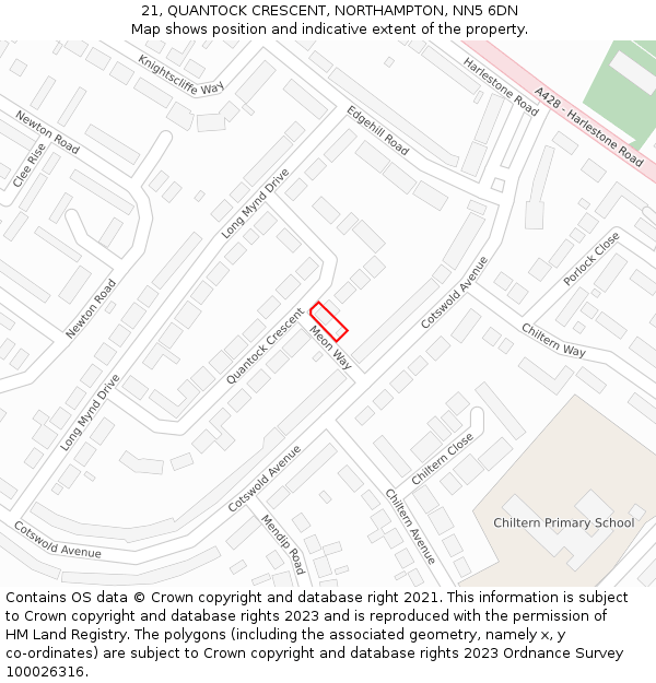 21, QUANTOCK CRESCENT, NORTHAMPTON, NN5 6DN: Location map and indicative extent of plot