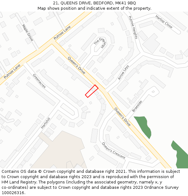 21, QUEENS DRIVE, BEDFORD, MK41 9BQ: Location map and indicative extent of plot