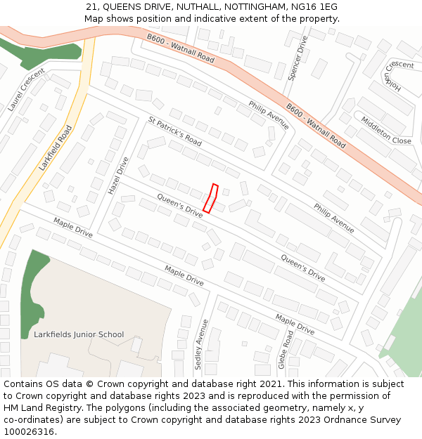 21, QUEENS DRIVE, NUTHALL, NOTTINGHAM, NG16 1EG: Location map and indicative extent of plot